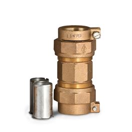 A.Y. McDonald 74758-33 Straight Coupling 3 Part Union PEP X PEP 1.25" Brass W/ 6136 SS Pipe Stiffeners ford fittings, polylock fittings, polyloc fittings, service fittings, poly pipe fittings, Brass valves, service fittings, brass fittings, A.Y. McDonald Valves, A.Y. McDonald Service Fittings, polylock fittings, ford fittings, ball valves, brass ball valves